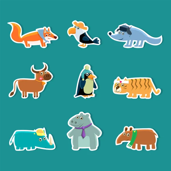 Verzameling van Cute Cartoon dierlijke Stickers, Fox, Toucan, Wolf, koe, Penguin, Tiger, neushoorn, nijlpaard, Aardvark vectorillustratie — Stockvector