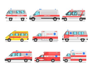 Ambulans hizmeti araba koleksiyonu, acil tıbbi vans resimde beyaz bir arka plan üzerinde vektör