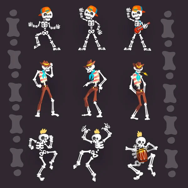Griezelig skeletten tekens ingesteld, skeleton rapper in Baseballcap, cowboy en punk vector illustraties — Stockvector
