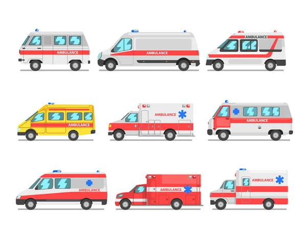 Raccolta di auto di servizio di ambulanza, veicoli medici di emergenza vettore Illustrazione su sfondo bianco — Vettoriale Stock