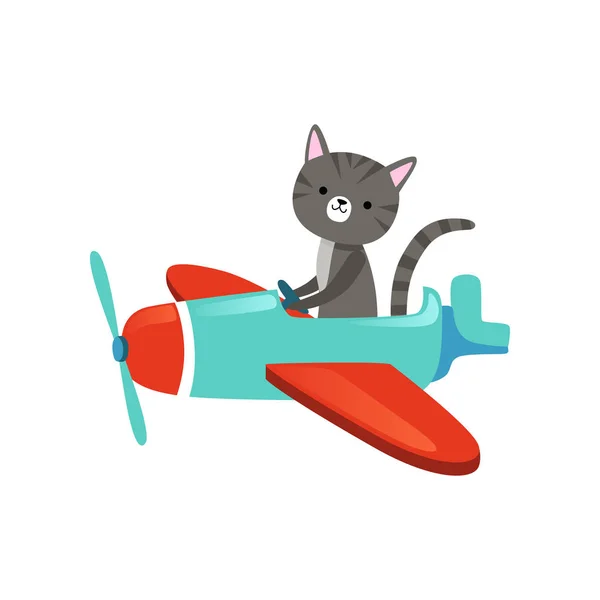 다채로운 비행기에 귀여운 총구와 새끼 하 고양이 회색가 국내 동물 캐릭터 만화. 어린이 s 인쇄, 책 또는 엽서 평면 벡터 디자인 — 스톡 벡터
