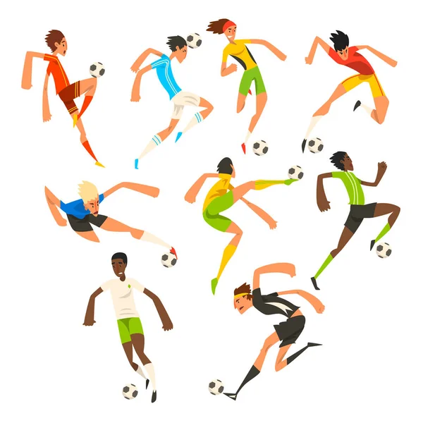 Juego de futbolistas, deportistas de fútbol jugando, pateando, entrenando y practicando vector Ilustraciones sobre fondo blanco — Vector de stock