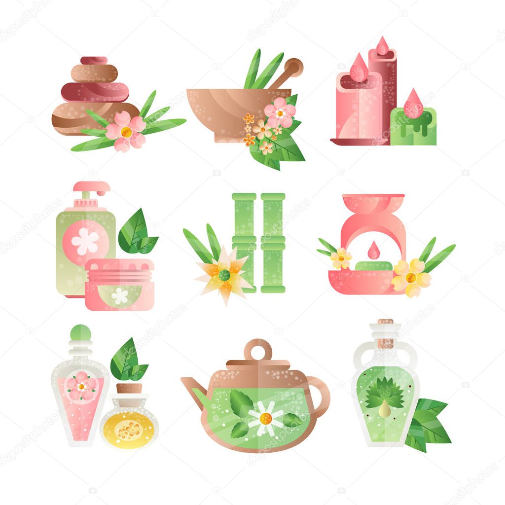 Spa treatment symbols set, basalt stones, aromatic oils, lotions, candles vector Illustrations on a white background