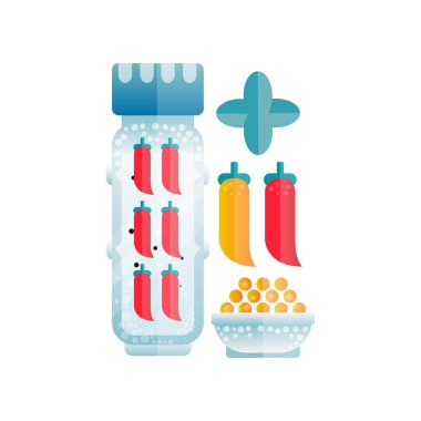 Macar baharatlı sarı biber ve kırmızı sıcak soğuk biber, mutfak baharat madde, beyaz bir arka plan üzerinde restoran veya mutfak menüsü tasarlamak vektör çizim için öğe