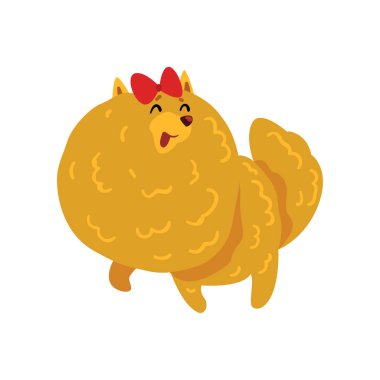 Komik mutlu pomeranian spitz kırmızı yay karikatür vektör çizim beyaz bir arka plan ile köpek karakteri