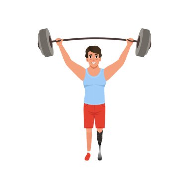 Yapay bacak halter başının üzerinde tutan genç adam. Halter kavramı. Sığdır veya rekabet spor cross oyun. Düz vektör tasarımı