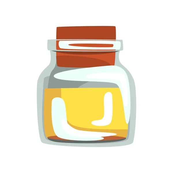 Tarro de vidrio con aceite amarillo para spa y aromaterapia. Ingrediente para el cuidado de la piel. Vector para el concepto de salud y bienestar . — Vector de stock