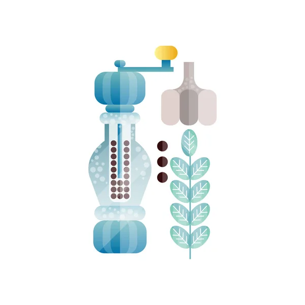 Pepermolen spice grinder met hele zwarte peperkorrels en knoflook, ingrediënt van culinaire kruiderij, element voor restaurant of keuken menu ontwerp vector illustratie op een witte achtergrond — Stockvector