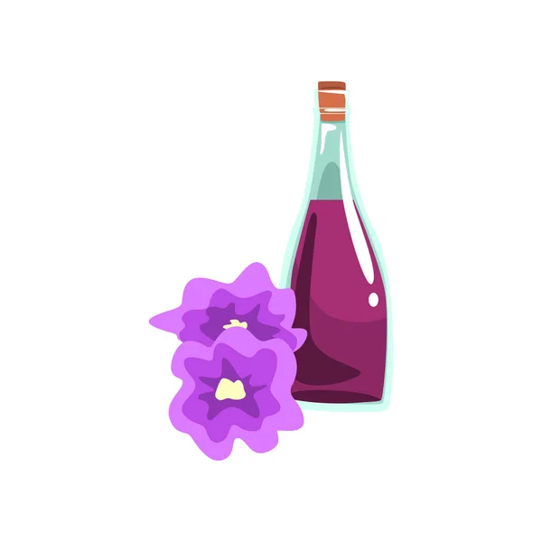 Aceite aromático en botella de vidrio y hermosas flores de orquídea. Líquido para masajes. Elemento vectorial decorativo para cartel promocional del centro de spa — Vector de stock