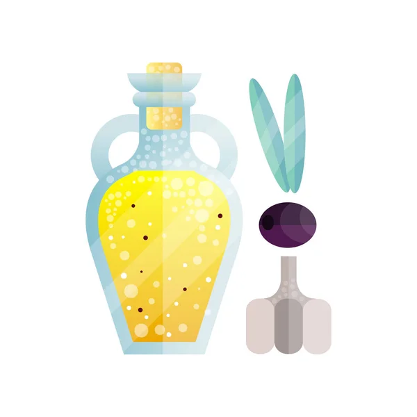Glasflaska olivolja och vitlök, ekologisk hälsosam olja produkt och krydda vektor Illustration på vit bakgrund — Stock vektor