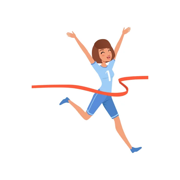 Mulher feliz cruzando fita vermelha. Jovem atlética participando da competição. Projeto vetorial plano — Vetor de Stock