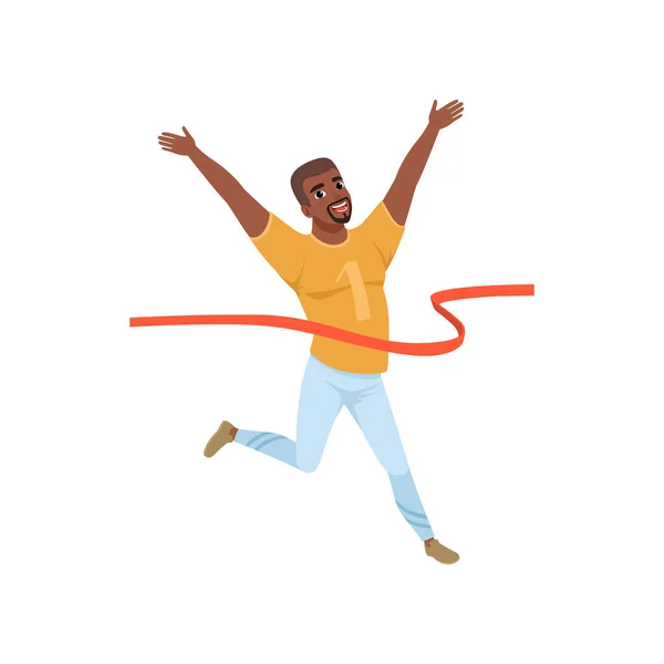 행복 한 아프리카계 미국 흑인 사람 건너 레드 테이프 마무리. 마라톤 주자입니다. 평면 벡터 디자인 — 스톡 벡터