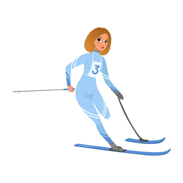 Αθλητής γυναίκα λαμβάνοντας μέρος στον διαγωνισμό του σκι. Αθλήτρια με σωματικές αναπηρίες. Επίπεδη διανυσματική σχεδίαση — Διανυσματικό Αρχείο