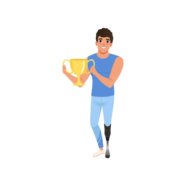 Atleta paralímpico con pierna artificial sosteniendo copa dorada. Ganador de la competencia. Estilo de vida activo. Diseño de vector plano — Archivo Imágenes Vectoriales