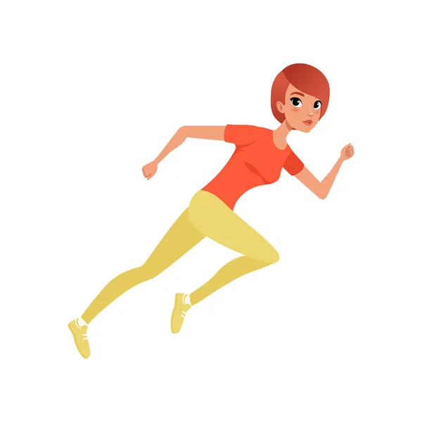 Beautiful athletic woman running sprint. Cartoon young girl in sportswear. Active lifestyle. Flat vector design — Stock Vector