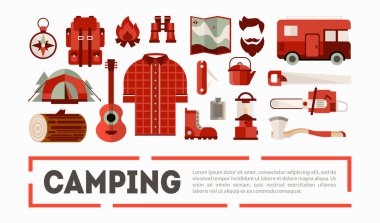 Kamp ve ekipman afiş yürüyüş, açık macera sembolleri illüstrasyon vektör