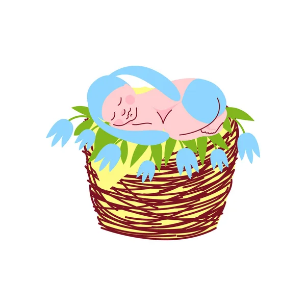 Adorable Newborn Baby in Light Blue Bunny Cap Sleeping in Wicker Basket Vector Illustration — Stock Vector