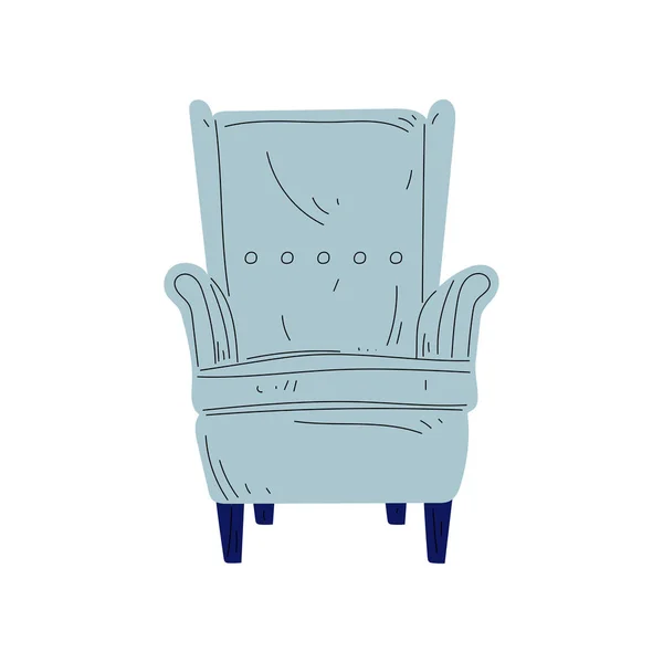 Vintage fåtölj på träben, stoppade möbler med ljus blå klädsel, Interior Design Element vektorillustration — Stock vektor
