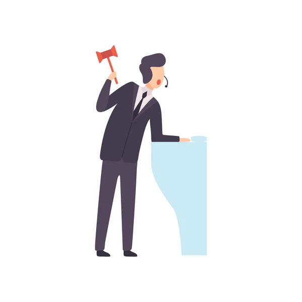 Male Auctioneer with Gavel Standing Behind Special Stand and Announcing Price Vector Illustration — Stock Vector