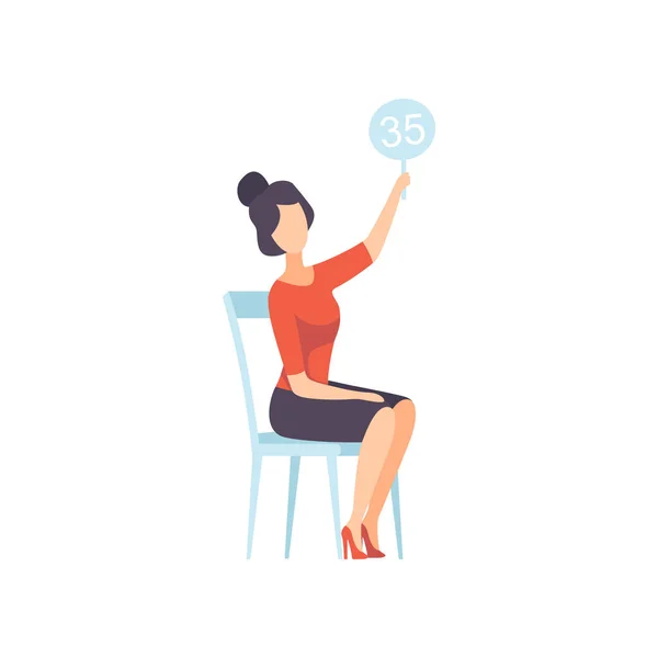 Businesswoman Bidding in Public Auction House, Female Bidder Raising Auction Paddle with Number to Buy Piece of Art Vector Illustration — Stock Vector