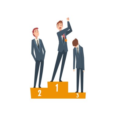 Kazanan Kupası, takım lideri rekabet, liderlik ve takım çalışması vektör çizim ile kaide üzerinde duran başarılı iş adamı