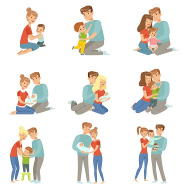 Çocukları kucaklayan mutlu ebeveynler, anne ve babası çocuklarını sarılmak, mutlu aile kavramı vektör beyaz bir arka planda Illustration
