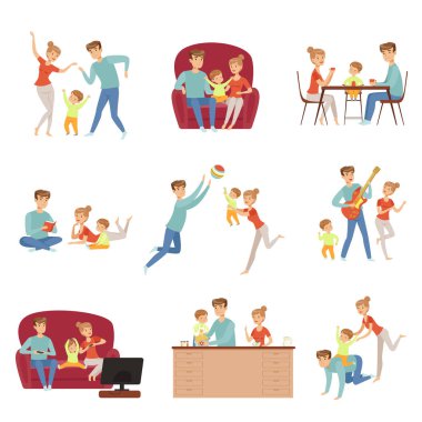 Anne, baba ve küçük oğlu birlikte zaman harcıyor, mutlu bir aile ve ebeveynlik kavramı vektör beyaz bir arka planda Illustration