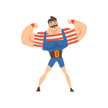Güçlü adam Circus Show 'da performans, Mustached kas atlet karikatür vektör Illüstrasyon