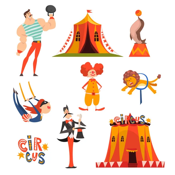 Colección de personajes de circo, payaso malabarista, animales, hombre fuerte, mago, gimnasta aéreo realizando en circo Mostrar ilustración vectorial — Vector de stock