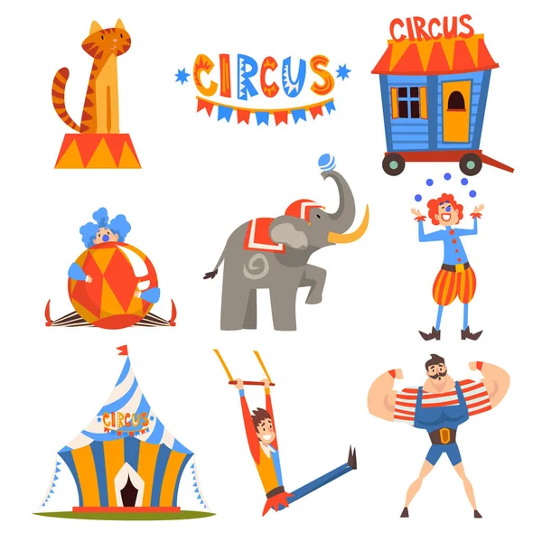 Insamling av cirkus tecken, jonglering clown, djur, strongman, antenn gymnast utför i cirkus Visa vektor illustration — Stock vektor