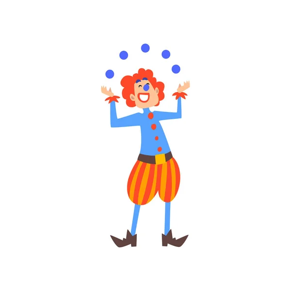 Feliz payaso malabarismo con bolas en circo Mostrar ilustración vectorial de dibujos animados — Archivo Imágenes Vectoriales