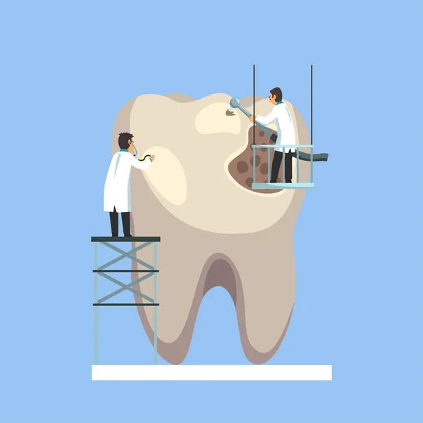 Deux petits médecins masculins traitent et nettoient l'illustration vectorielle malsaine géante de dent — Image vectorielle