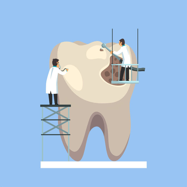 Two Small Male Doctors Treating and Cleaning Giant Unhealthy Tooth Vector Illustration