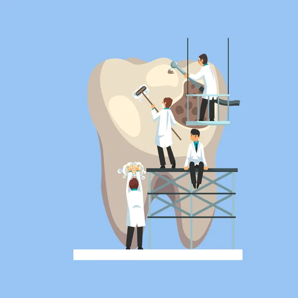Petits médecins masculins Nettoyage et traitement de dents malsaines géantes avec plaque et illustration vectorielle de trou de carie — Image vectorielle
