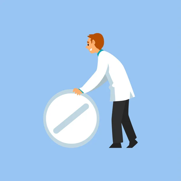 Mannelijke professionele arts karakter met grote pil, werknemer van medische kliniek of ziekenhuis in Wit Lab jas vector illustratie — Stockvector