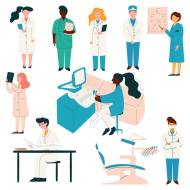 Doktorlar ve hemşireler tıbbi personel seti, üniformalı hastane Işçileri, dişçi, Oftalmolog, terapist, hemşire vektör Illustration