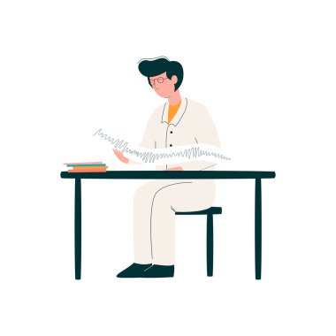 Erkek doktor karakter çalışma masasında, tıp profesyonel karakter üniforma vektör Illustration