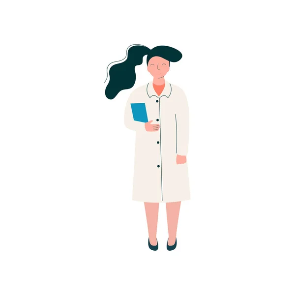 Vrouwelijke professionele arts karakter, werknemer van medische kliniek of ziekenhuis in in Wit Lab jas vector illustratie — Stockvector