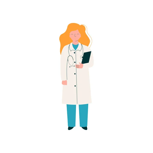 Kvinna Doctor karaktär med stetoskop och Urklipp, Worker av medicinsk klinik eller sjukhus i uniform Vector illustration — Stock vektor