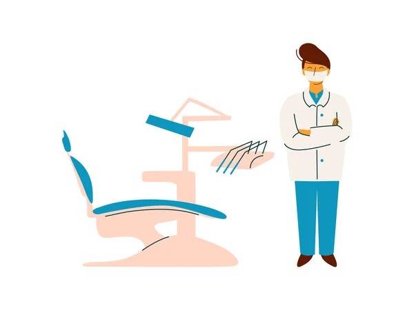 Professionell doktor stående bredvid tandläkare stol, medicin professionell karaktär i uniform Vector illustration — Stock vektor
