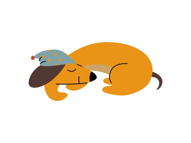 Saf kahverengi Dachshund köpek giyen Cap Sleeping, komik oynak Pet hayvan karikatür karakter vektör Illüstrasyon