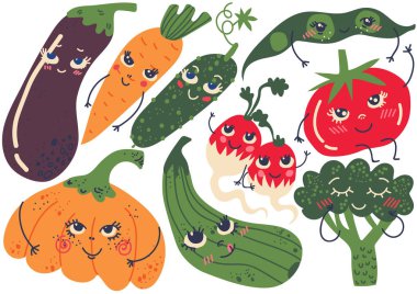 Komik sebze karakterleri seti, patlıcan, havuç, salatalık, havuç, kabak, turp, brokoli, domates, Squash Vector Illustration