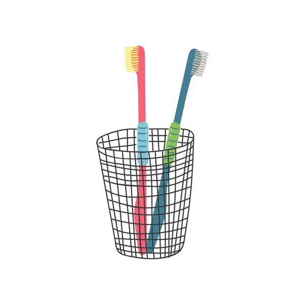 Dos cepillos de dientes en taza de metal, Objeto reutilizable de cero residuos, Eco lifestyle Concept Vector Illustration — Vector de stock