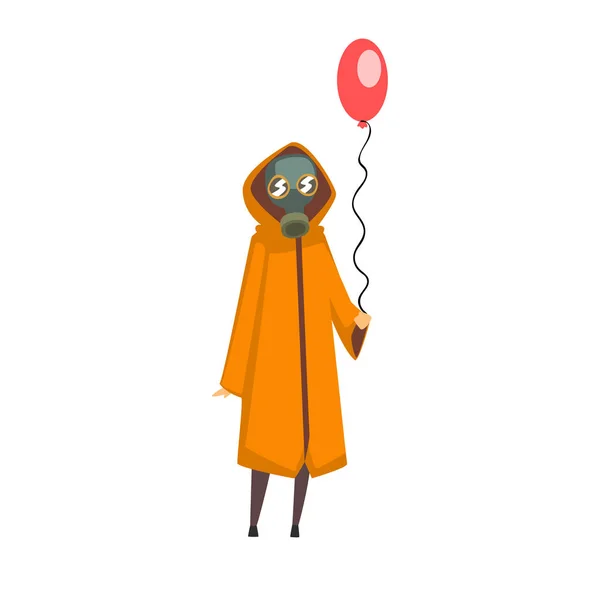 Woman Wearing Protective Gas Mask and Coat Standing with Balloon, People Suffering from Industrial Smog Vector Illustration — Stock Vector