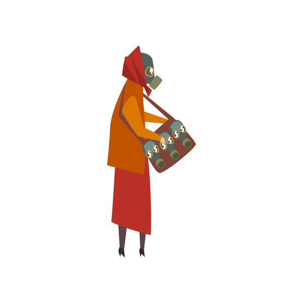 Mulher vestindo máscara protetora de gás andando na cidade, pessoas que sofrem de Industrial Smog Vector Ilustração —  Vetores de Stock