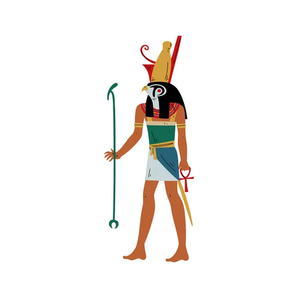 Horus Dios del cielo y el sol con cabeza de halcón, símbolo de la cultura egipcia antigua Vector Ilustración — Vector de stock