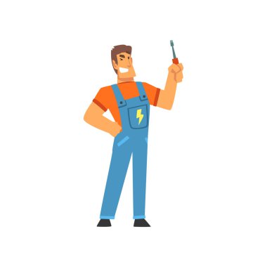 Iş vektör Illustration içinde mavi tulum içinde tornavida, elektrikli adam karakter ile gülümseyen profesyonel elektrikçi