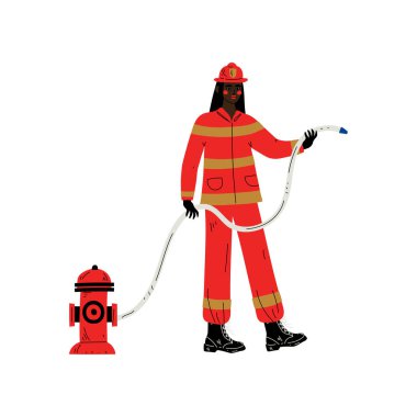 Kırmızı üniforma ve koruyucu kask vektör Illustration kadın Itfaiyeci karakter