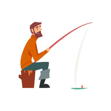Sakallı balıkçı karakter Shore üzerinde balıkçılık Rod vektör Illustration ile oturuyor