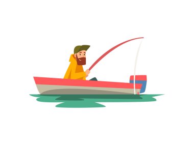 Balıkçı çubuk ile teknede oturan sakallı balıkçı, Fishman karakter giyen Raincoat vektör Illustration